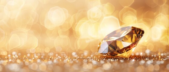 Obraz premium A tight shot of a diamond atop a reflective surface, surrounded by a halo of lights in the background
