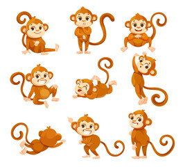 Cute Playful Monkey Character with Long Tail Vector Set