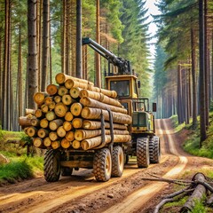 A wheeled harvester transports raw timber during forest clearing operations, generated by AI