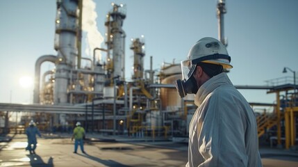 chemical plant with pipelines, storage tanks, and workers