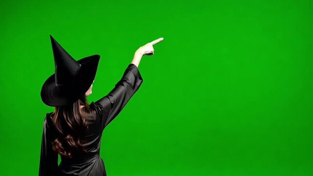 Witching Hour at Halloween with a beautiful woman dressed as a witch standing backwards and pointing at copy space, isolated on a green chroma key background. Generative AI