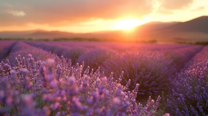 Naklejka premium Beautiful view blooming scenic at sunset. Sunset violet lavender flower field