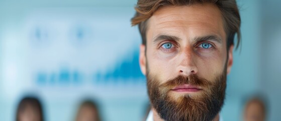  A man with a beard and blue eyes gazes intently into the camera, while men are faintly visible in the background