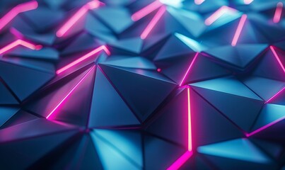 Neon Futuristic Surface with Tetrahedrons. Illuminated, Blue Geometric 3d Background