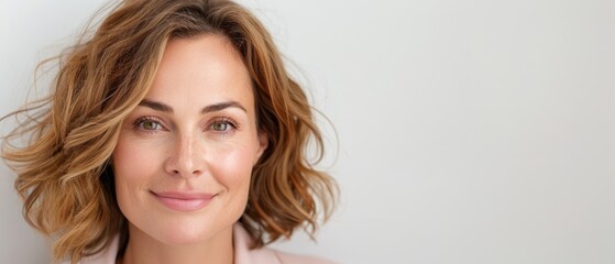 Fototapeta premium A tight shot of a woman wearing a pink top and a collarted blouse, beaming