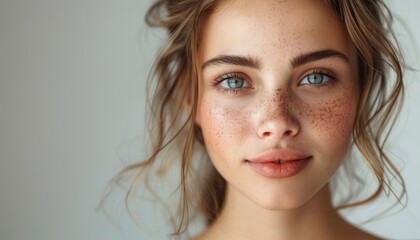 Naklejka premium closeup of beautiful woman on light background, natural beauty, minimalistic portrait