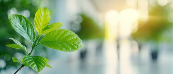  A tight shot of a green plant leaf against sunlight filtering in through a window, background softly blurred