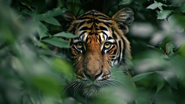 A tiger is looking at the camera through the leaves of a tree. The tiger is in a natural setting
