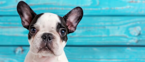  A small black-and-white dog stands before a blue wood-plank wall, gazing at the camera