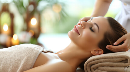 Obraz premium A person receives a calming head massage in a serene spa setting, illuminated by gentle candlelight, encapsulating the essence of relaxation and self-care.