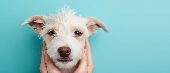  A tight shot of a person gently cradling a dog's head in one hand