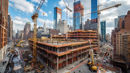 Fototapeta premium busy construction site with cranes lifting materials and workers