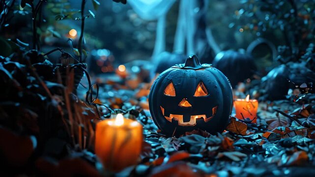 A black pumpkin with a lit candle inside of it is surrounded by other pumpkins. Halloween Theme. Pam