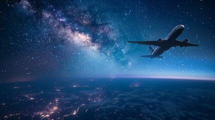 Obraz premium Imagine an airplane flying through a clear night sky, the stars twinkling above and the world below cloaked in darkness.