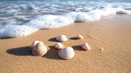 A serene beach scene with seashells scattered on the sand and gentle waves lapping the shore