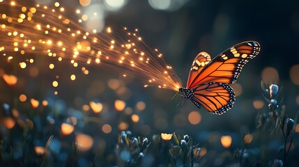 A Monarch Butterfly with Golden Sparkles Flying Over Flowers
