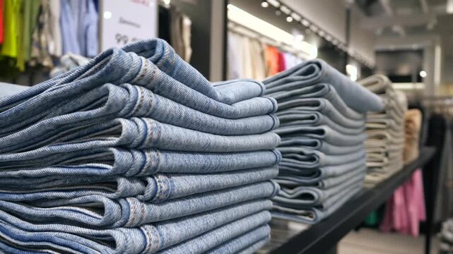 A neatly organized display of various denim jeans in a retail store, highlighting different shades and styles.