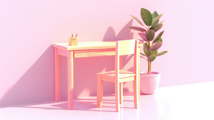 A minimalist wooden desk and chair set against a pastel pink wall, accompanied by a potted plant, creating a serene workspace