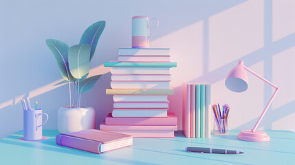 A pastel-colored desk setup featuring stacked books, a pink desk lamp, and potted plants, bathed in soft natural light