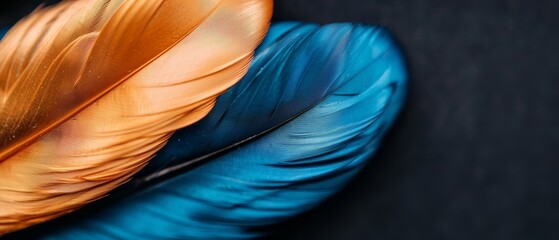  A tight shot of a bird's multicolored feathers - blue, orange, and black - against a dark backdrop The background is softly out of focus