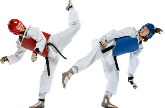 Dynamic portrait of two young women, taekwondo practitioners training together isolated on transparent background. Concept of sport, education, skills, combat sport, martial arts