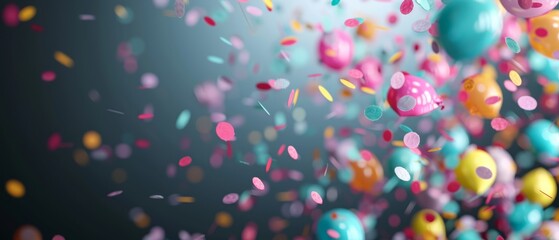  A collection of balloons ascending with confetti and streamers attached