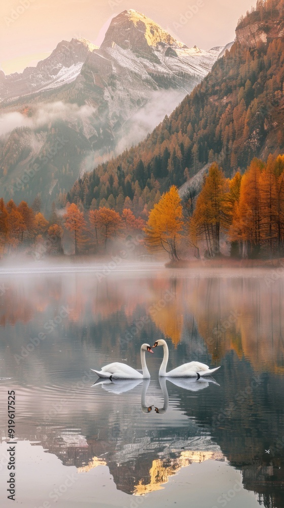Poster two swans are swimming in a lake with mountains in the background