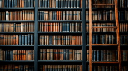 An antique library with tall wooden shelves filled with dusty old books and a ladder leaning against them