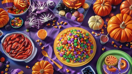 Illustrate a fun Halloween party with colorful decorations, playful games, and a table full of delicious treats and candies.