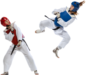 Athletic, motivated young women, taekwondo athletes in motion, practicing, training isolated on transparent background. Concept of sport, education, skills, combat sport, martial arts