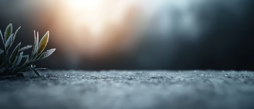  A tight shot of a plant on a table, water beads glistening on its surface, backdrop softly blurred by a diffuse light source
