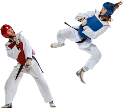Athletic, motivated young women, taekwondo athletes in motion, practicing, training isolated on transparent background. Concept of sport, education, skills, combat sport, martial arts