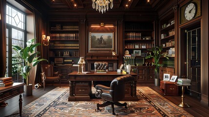 Fototapeta premium A classic office with dark wood furniture, leather executive chair, and timeless decor, featuring a large mahogany desk, elegant bookshelves filled with antique books,