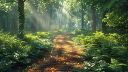 Obraz premium A path in a forest with sunlight shining through the trees