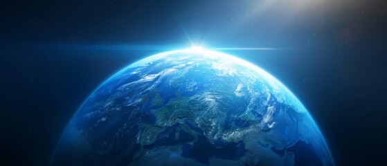 Fototapeta premium A perspective of Earth from space, Sun casting light over its summit