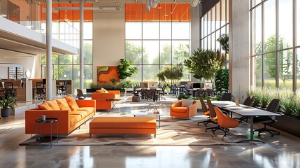 A collaborative open plan office with modern open seating, large communal tables, and vibrant decor, featuring ergonomic furniture, bright colors, and ample natural light from large windows,