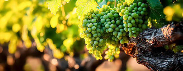 selective focus. Bunches of white wine grapes prepared for harvest.