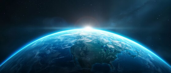 Fototapeta premium A perspective of Earth from space, Sun casting light above its horizon