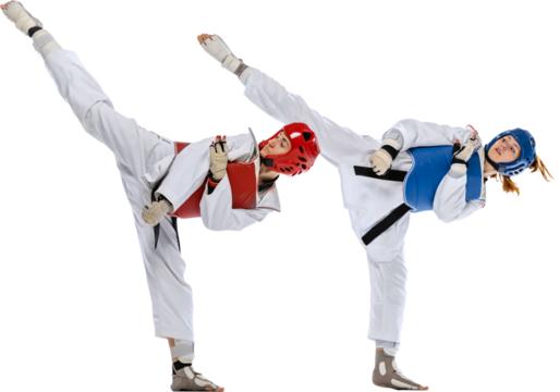 Legs kick. Dynamic portrait of two young women, taekwondo practitioners training isolated on transparent background. Concept of sport, education, skills, combat sport, martial arts