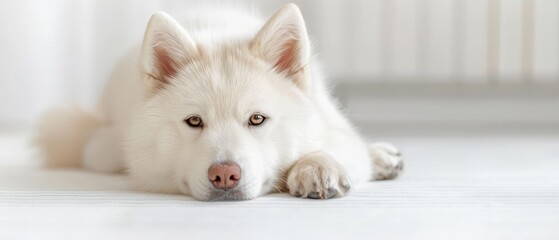  A tight shot of a white dog resting on the floor, paw touching the ground, gaze directed at the camera