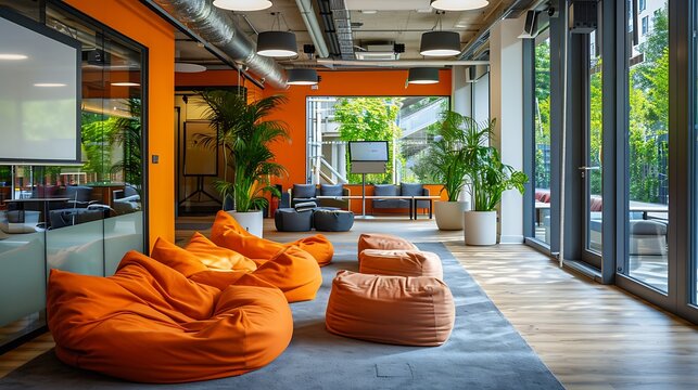 A contemporary tech office with an open-plan layout, ergonomic furniture, and innovative design, including collaborative areas with whiteboards, a relaxed lounge with bean bags,