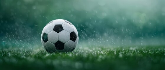  A soccer ball resting in a lush grass field, dotted with raindrops trickling down