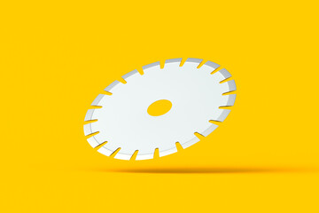 Falling circular saw blade disc on orange background. Abrasive disk. Carpentry equipment. 3d render