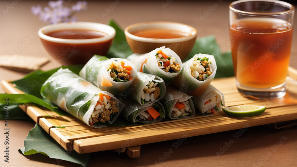 Wall mural plate of spring rolls with a side of dipping sauce and two glasses of iced tea.