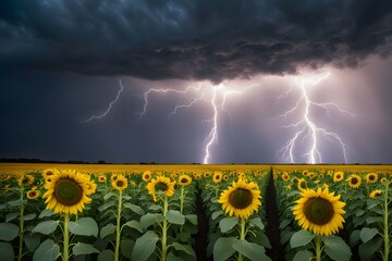 A bright lightning strike over a field of sunflowers under a cloudy sky, AI Generated