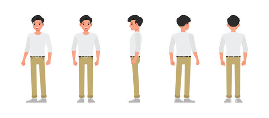 Man front, side and back view wear white shirt character vector illustration cartoon design set.