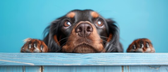  A tight shot of a dog's expressive face Its paws rest on a weathered wooden table Behind, a soothing blue wall provides a serene backdrop