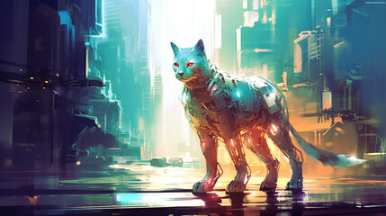 Abstract cats robot standing in the citypunk space, Ai generate