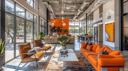 A dynamic co-working environment with diverse seating like shared desks, private workstations, and lounge areas, vibrant decor, community zones for collaboration,