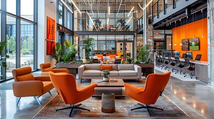 A dynamic co-working environment with a mix of seating options like shared desks, private pods, and lounge chairs, vibrant decor, designated community zones for collaboration,